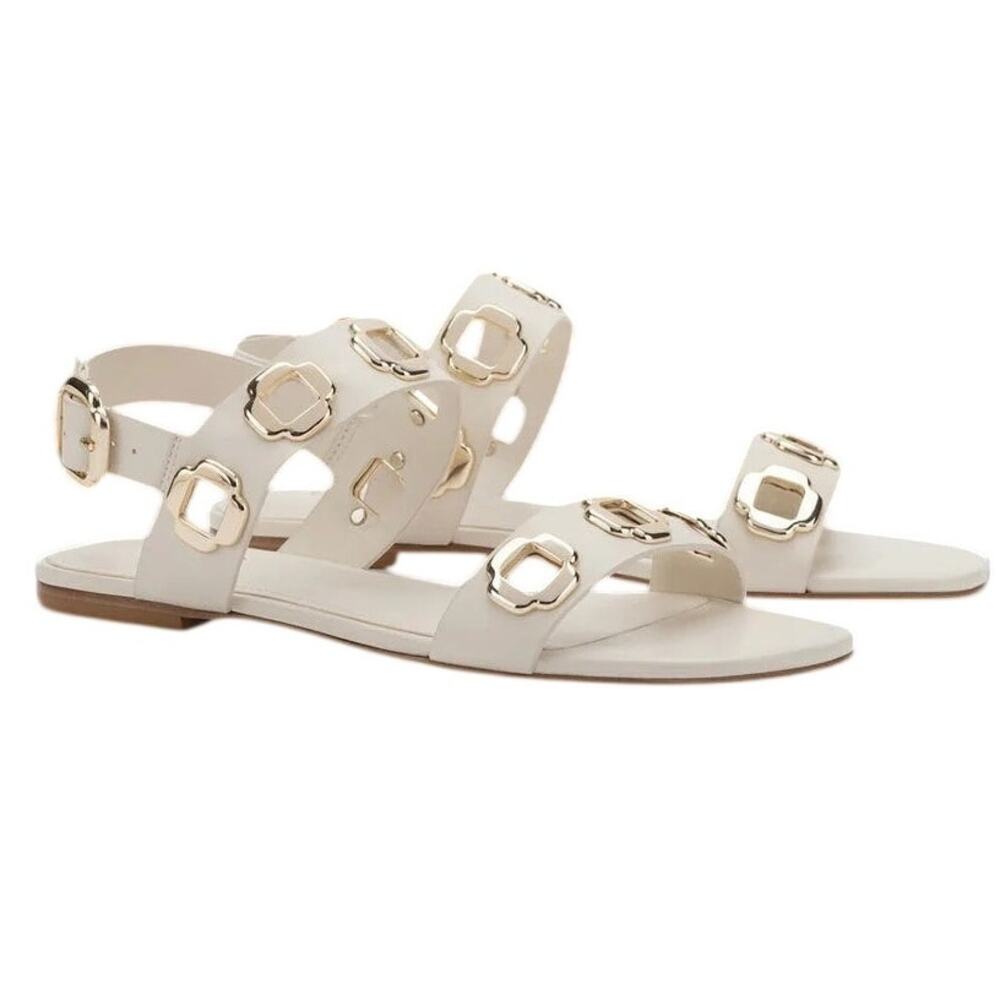 Larroudé Milan Flat Sandal Ivory Leather Gold Chain Size 8.5
